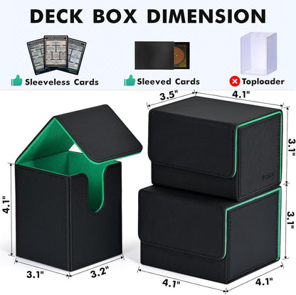 ZLCA Card Deck Box for MTG, Yugioh Deck Case Holds 100+ Single Sleeved Cards, PU Leather Magnetic Storage Box Fits for CCG TCG Sport Card (Black& Dark Green)