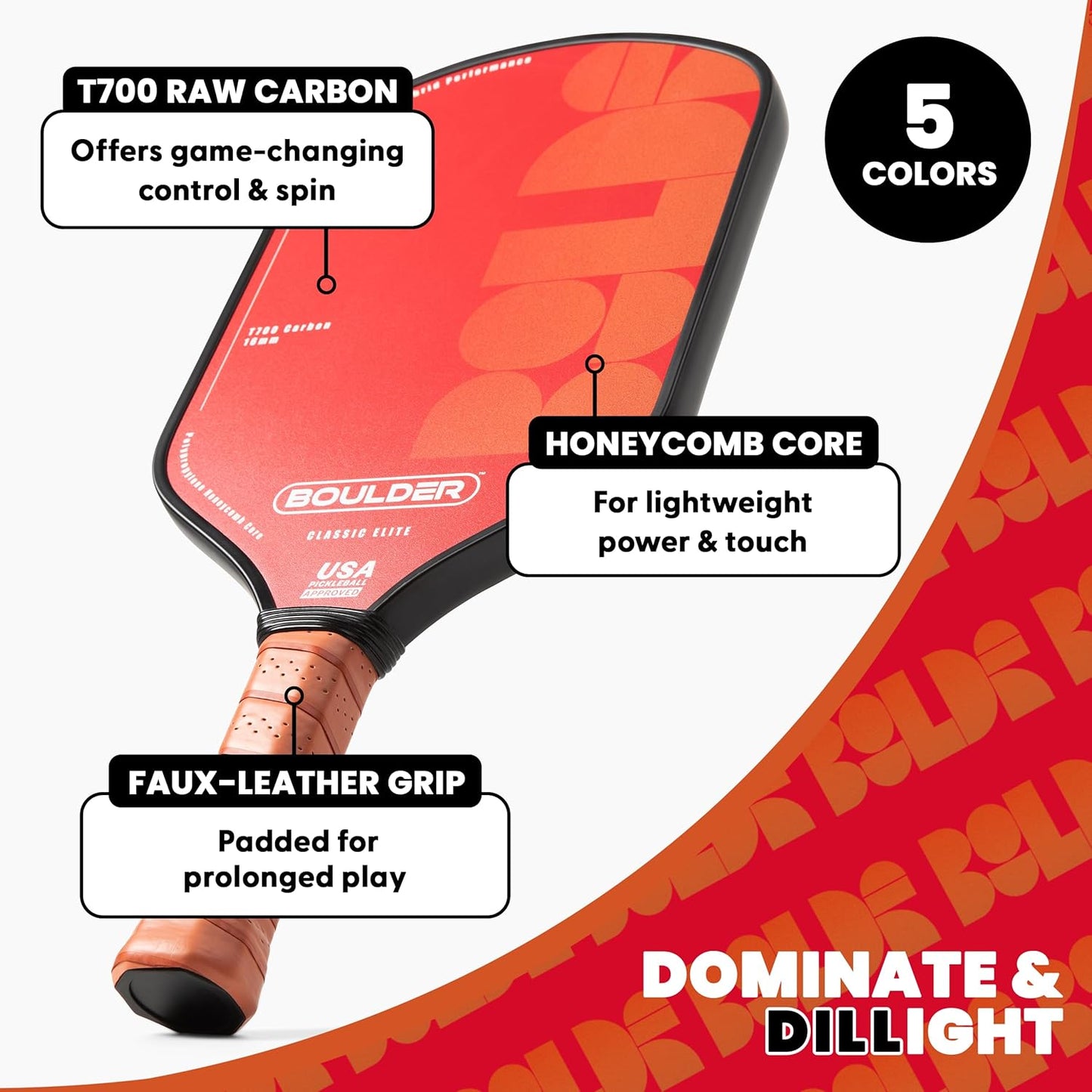 Boulder Carbon Fiber Pickleball Paddle | T700 Carbon Fiber | USAPA Approved, with Honeycomb Polymer Core | Pickleball Racket for Beginner & Experienced Players