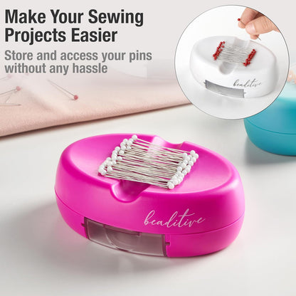 Beaditive Magnetic Pin Cushion with Drawer - Strong Magnet Pin Holder Cushions for Sewing - 50 Glass Head Quilting Pins Included - Chic Pincushion Caddy for Sewing Pins, Paper Clips, Screws – Fuchsia