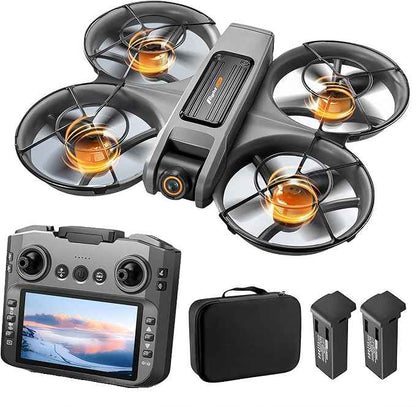 Drone With Large Screen Remote Control (4.92in) , Mini Airplane with Dual Cameras, 2 Batteries, 360° Flips, Full Propeller Guard Protection for Anti-Collision, Brushless Motor, Hovering, Quadcopter with Optical Flow Positioning, RC Helicopter for Adult...