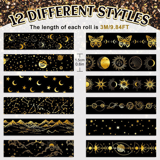 Whaline 12 Rolls Gold Foil Galaxy Washi Tape Black Gold Sun Moon Star Masking Tape Set Decorative Wrapping Paper Tapes for Scrapbook Journal DIY Art Crafts
