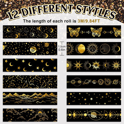 Whaline 12 Rolls Gold Foil Galaxy Washi Tape Black Gold Sun Moon Star Masking Tape Set Decorative Wrapping Paper Tapes for Scrapbook Journal DIY Art Crafts