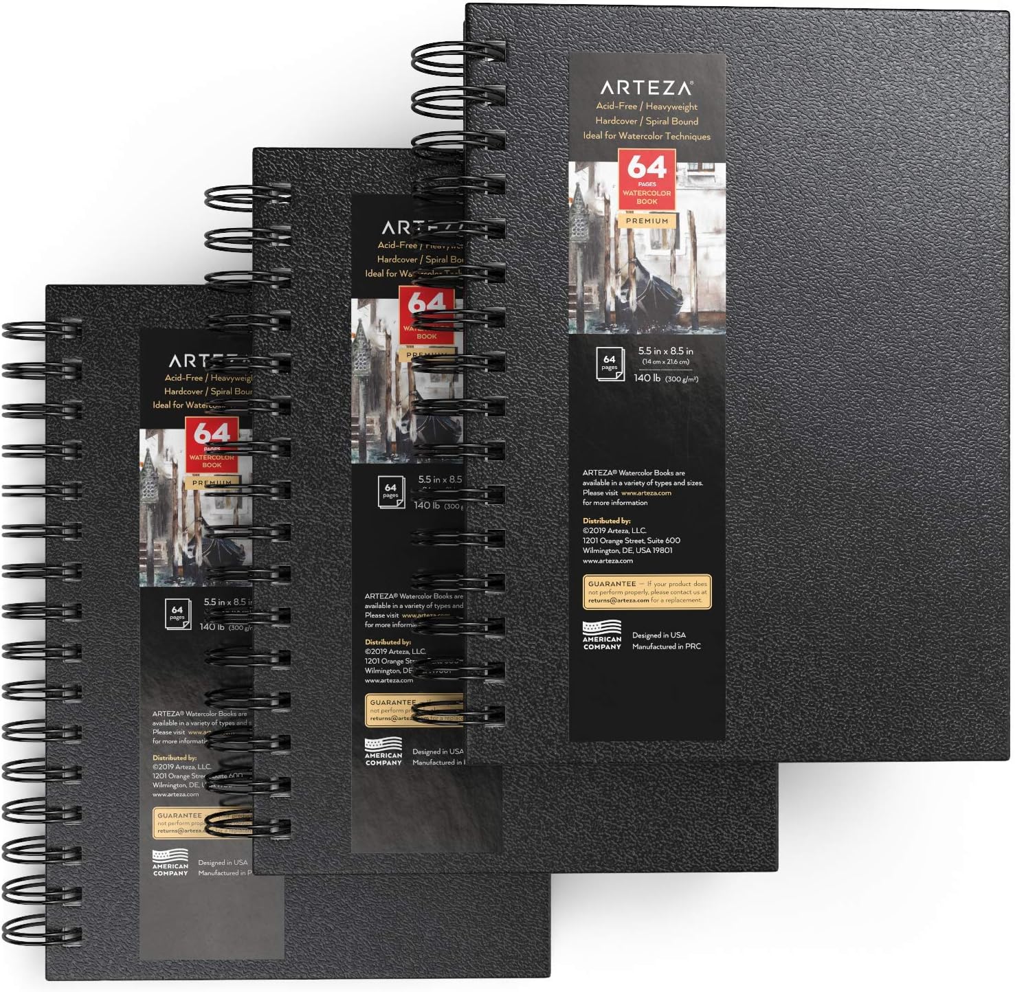 ARTEZA Watercolor Sketchbook Set, 3-Pack, 64 Pages per Book, 5.5 x 8.5 Inches, Black Hardcover Spiral Notebooks, 140-Pound Premium Watercolor Paper for Artists - Crafty Corner