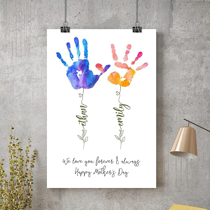 winorax Personalized Mom Gift For Mother's Day Custom Handprint Unframed Poster Wall Art Flower Handprint Gift From Kids For Mom New Mom Custom Name Poster Mom Birthday Pregnancy Announcement Gift