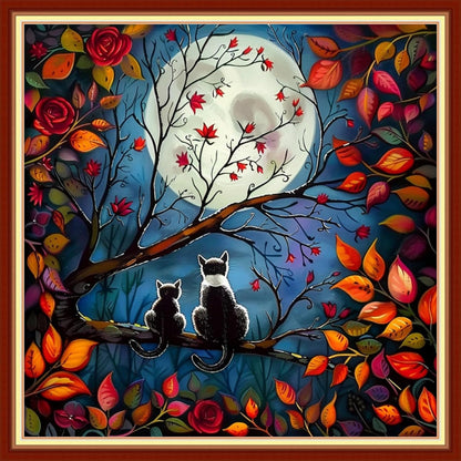 Joyhoor Stamped Cross Stitch Kits for Beginners, Needlepoint Kits for Adults, 11CT Counted Embroidery Kits-Cats Admiring The Moon 18x18 inchs