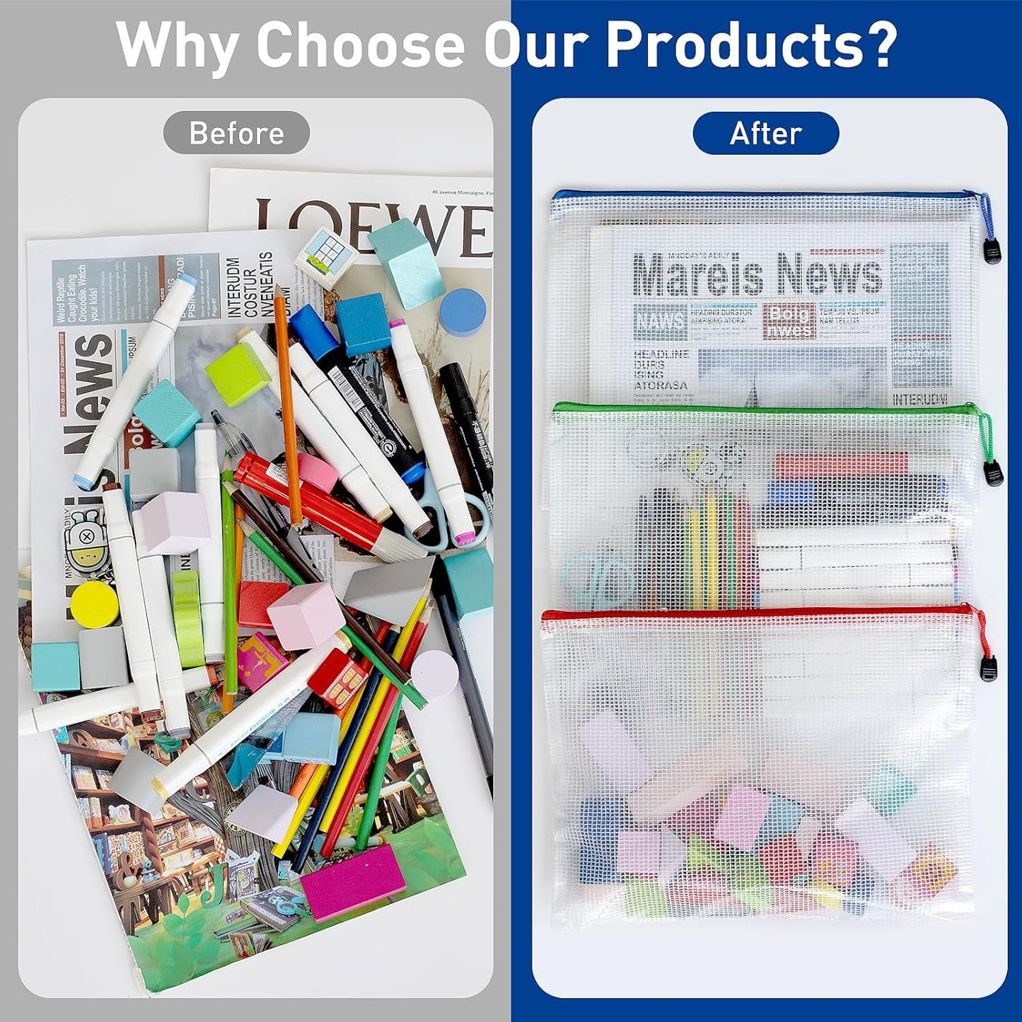 VVCO Mesh 32pcs Zipper Pouch Bags - A3 Size, 8 Color Mesh Zipper Pouches for Organizing, Board Game, Travel, School & Office