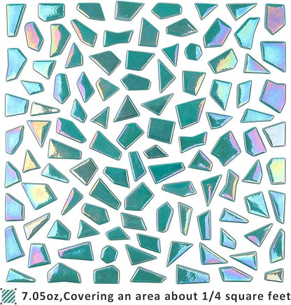 Youway Style Iridescent Teal Glass Mosaic Tiles for Crafs Bulk,200g Broken Stained Glass Pieces for Crafts DIY Mosaic Making Art Decor
