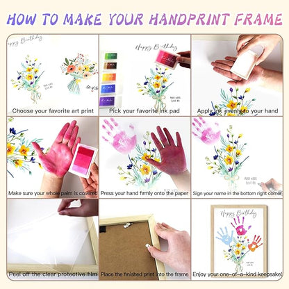 Physkoa Handprint Birthday Art Kit for Mom & Grandma – DIY Floral Keepsake Craft with Frame – Happy Birthday Gift from Kids, Daughter, Son – Handprint Painting Activity (Art Deco-B)