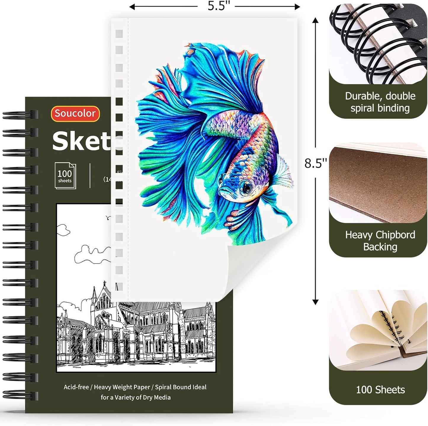 Soucolor 5.5" x 8.5" Sketchbook Pack of 2, 200 Sheets Blank Journal Notebook, A5, Spiral Bound Sketch Pad Drawing Book Acid-Free Paper (68lb/100gsm), Painting Sketching Drawing Notebook Art Supplies - Crafty Corner