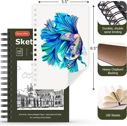 Soucolor 5.5" x 8.5" Sketchbook Pack of 2, 200 Sheets Blank Journal Notebook, A5, Spiral Bound Sketch Pad Drawing Book Acid-Free Paper (68lb/100gsm), Painting Sketching Drawing Notebook Art Supplies - Crafty Corner
