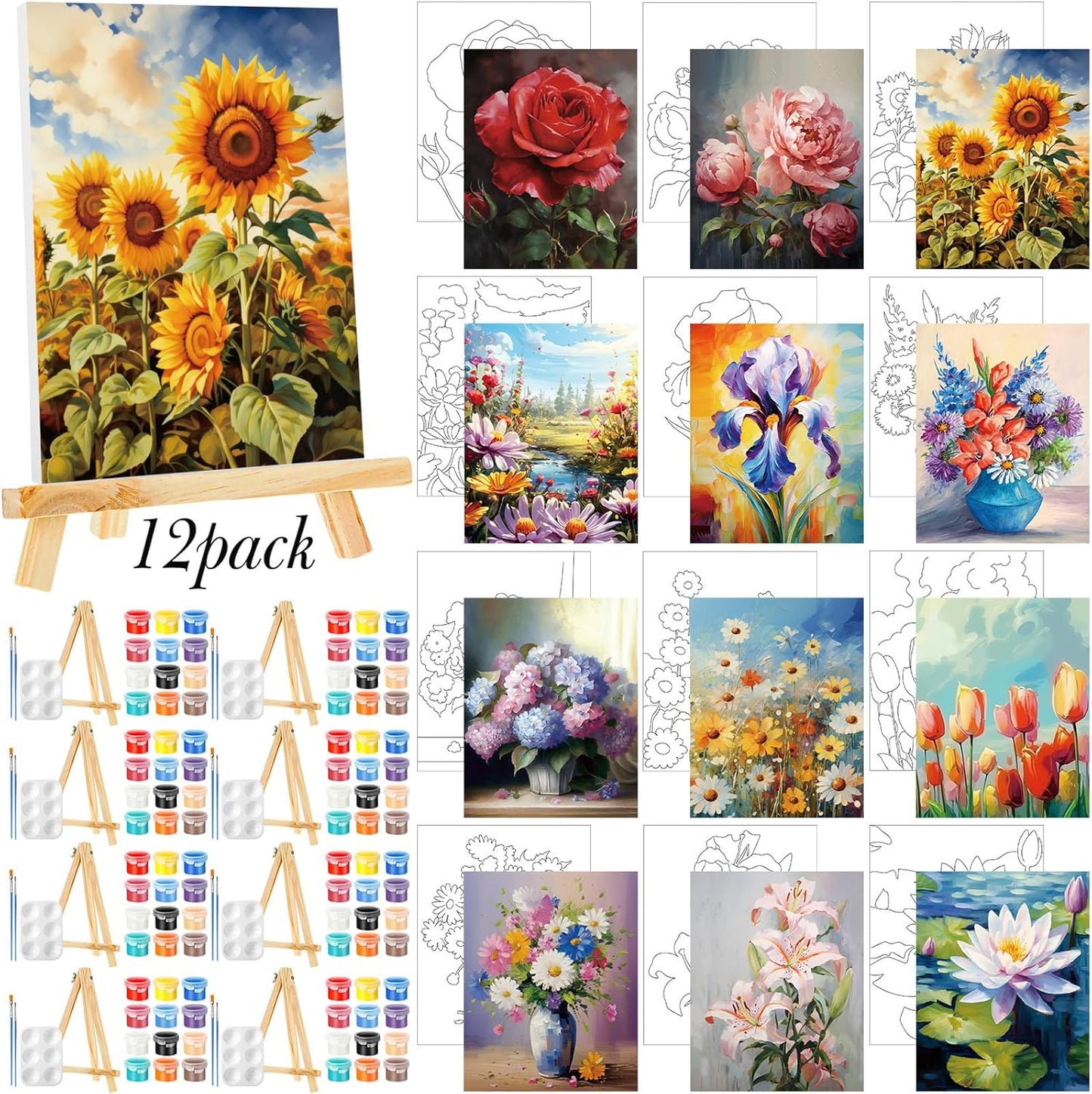 Zhanmai 12 Pack Pre Drawn Canvas for Painting Sip and Paint Kit 8" x 10" Paint Party Set Canvas Painting Pre Printed Canvases for Party Favor DIY Virtual Adult's Date Night(Plant) - Crafty Corner