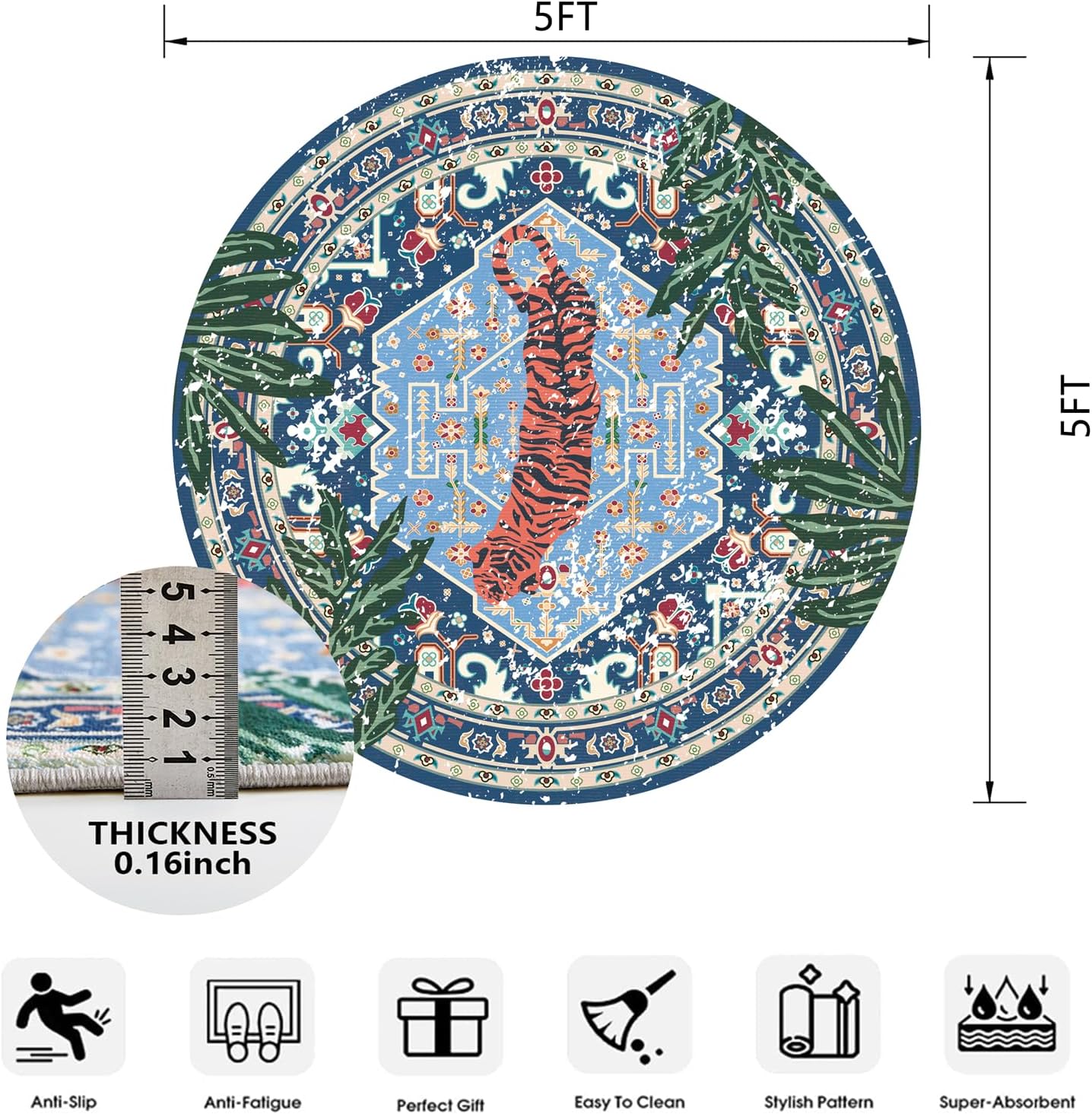 Washable Blue Rugs Thin Oriental Boho Vintage Tropical Leopard 5ft Round Area Rugs for Bedroom Kitchen Dining Living Room Office Distressed Jungle Plants Indoor Entryway Circle Carpet