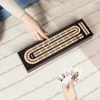 Cribbage Board Game Set, Premium Wooden Board with Magnetic Lock and Metal Pegs, 2 Playing Cards, and Large Storage - Travel-Friendly Continuous 3 Track Board