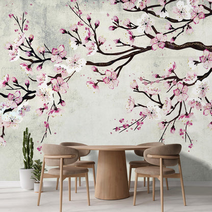 wall26 Wall Sticker/Wall Mural Watercolor Style Ink Painting Pink Cherry Blossom on Vintage, Not Peel and Stick, Non-Woven Wallpaper Decorative for Bedroom, Living Room, Office - 120x120 inches