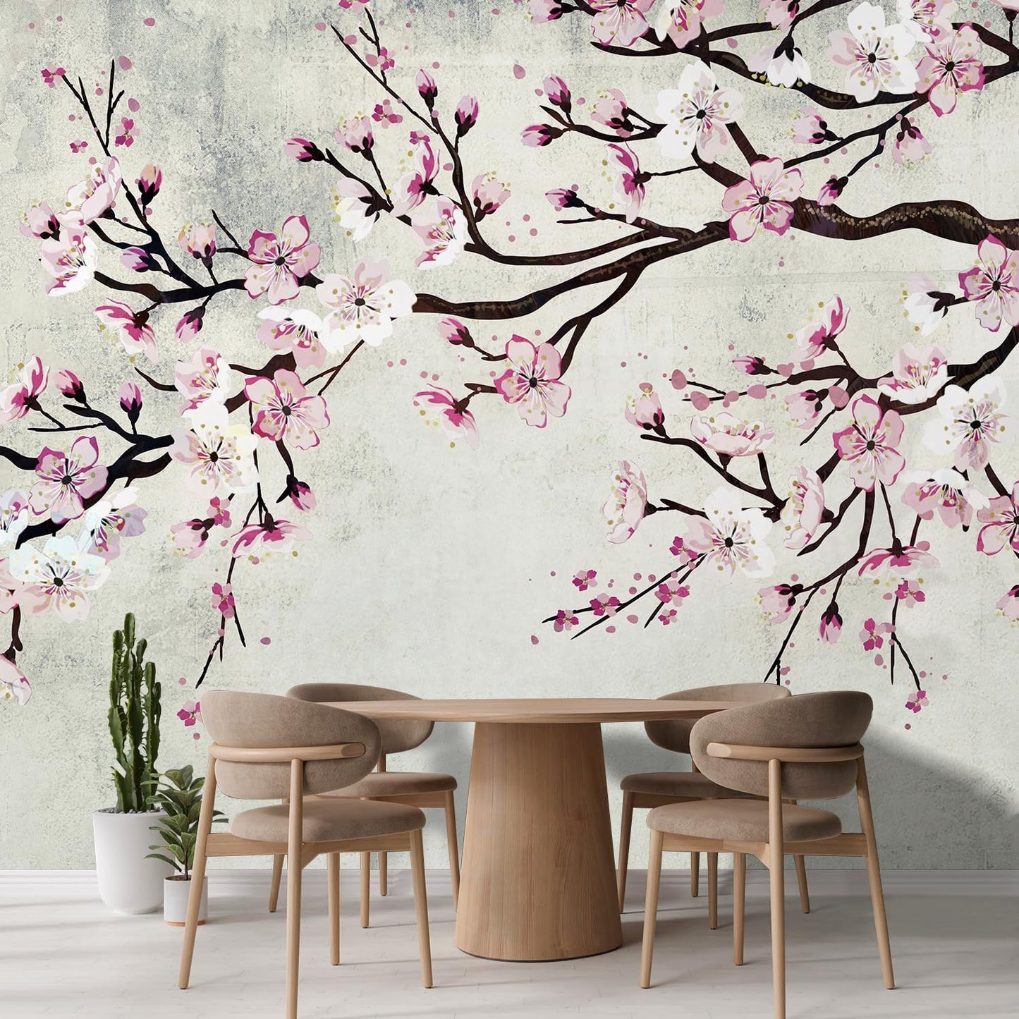 wall26 Wall Sticker/Wall Mural Watercolor Style Ink Painting Pink Cherry Blossom on Vintage, Not Peel and Stick, Non-Woven Wallpaper Decorative for Bedroom, Living Room, Office - 96x120 inches