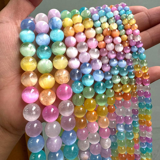 60PCS 6MM Natural Stone Colorful Selenite Gypsum Beads Round Loose Beads for Jewelry Making DIY Bracelet Necklace Accessories 15" Energy Healing Power Stone Beads