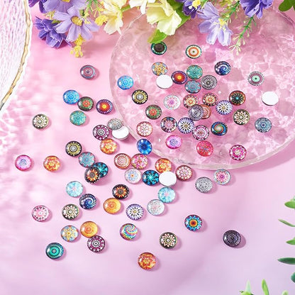 Craftora 100Pcs Flower Printed Glass Cabochons for Jewelry Making, Mixed Color Half Round Cameo Dome Tiles Kaleidoscope Picture Flatback Dome Cabochons for Photo Cameo Pendant Scrapbooking DIY Crafts