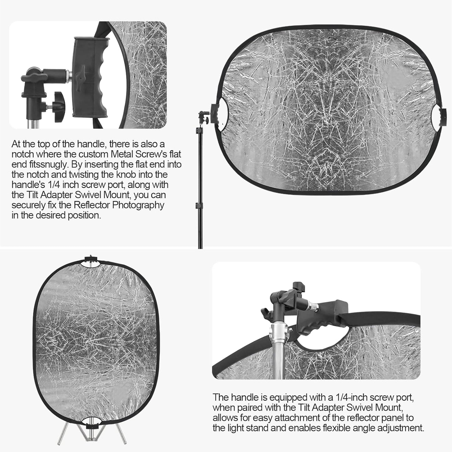 WELLMAKING 35''x47'' (90x120cm) Reflector Photography with Threaded Handle, Collapsible Light Reflector with Bag & tilt Adapter, 5in1 Reflector for Studio - Translucent, Silver, Gold, White and Black