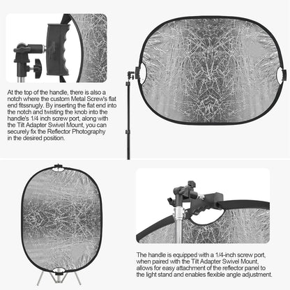WELLMAKING 35''x47'' (90x120cm) Reflector Photography with Threaded Handle, Collapsible Light Reflector with Bag & tilt Adapter, 5in1 Reflector for Studio - Translucent, Silver, Gold, White and Black