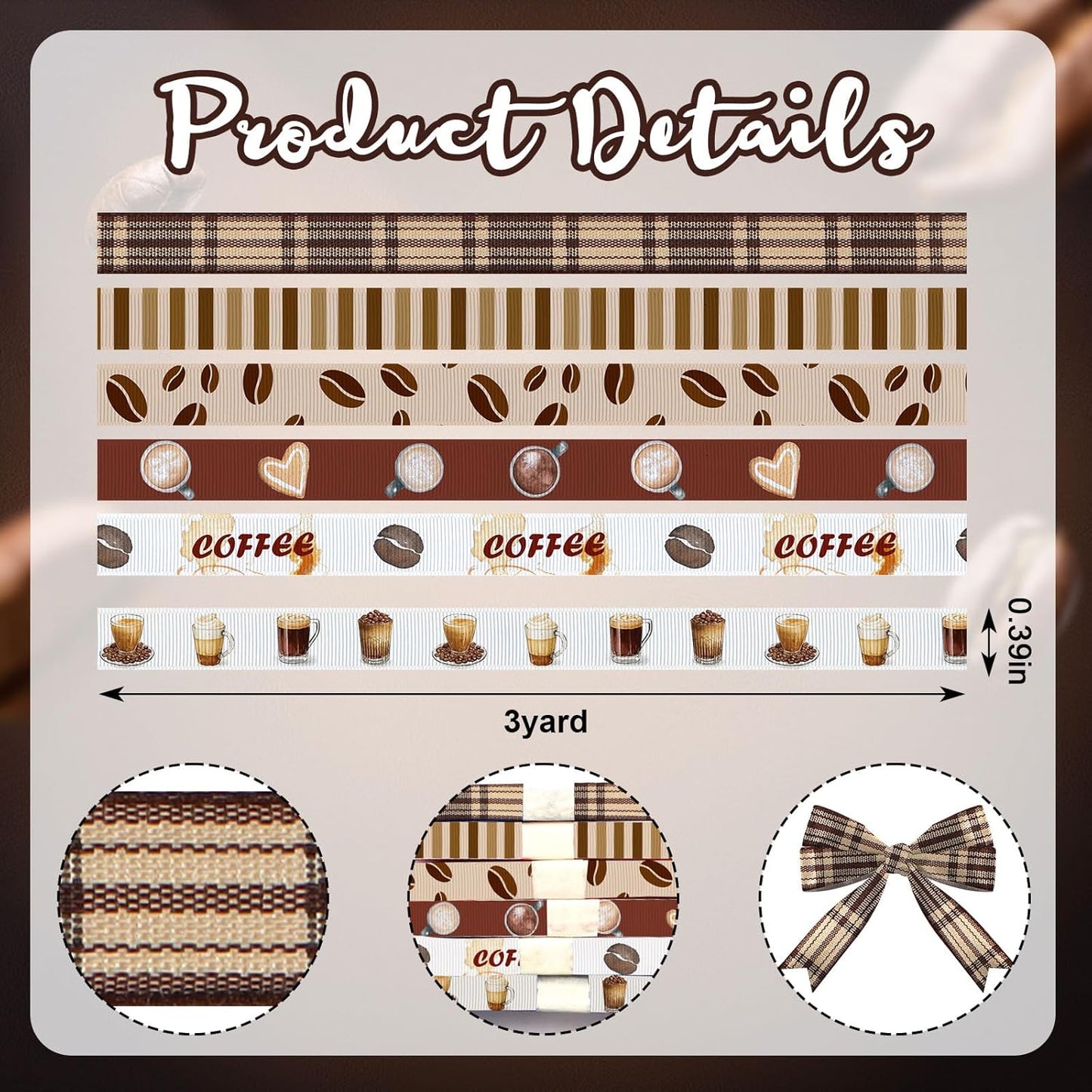 6 Rolls 18 Yards Fall Coffee Ribbons for Gift Wrapping DIY Crafts 3/8 Inches Brown Plaid Grosgrain Ribbons Coffee Beans Ribbon for Wreath Hair Bows Home Party Decoration - Crafty Corner