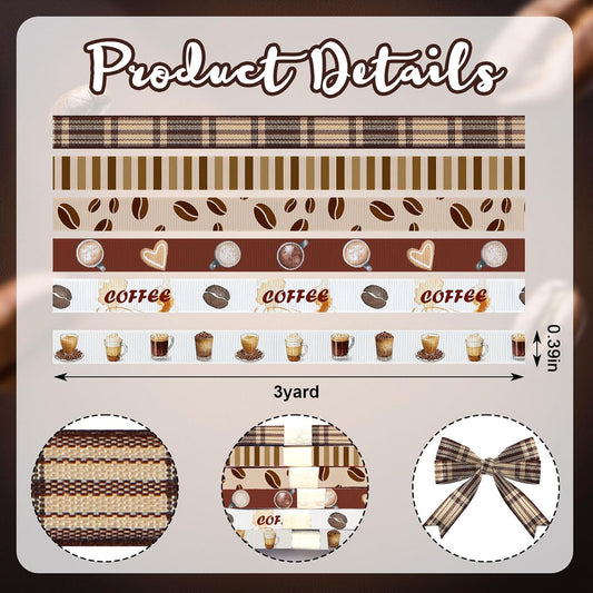 6 Rolls 18 Yards Fall Coffee Ribbons for Gift Wrapping DIY Crafts 3/8 Inches Brown Plaid Grosgrain Ribbons Coffee Beans Ribbon for Wreath Hair Bows Home Party Decoration - Crafty Corner