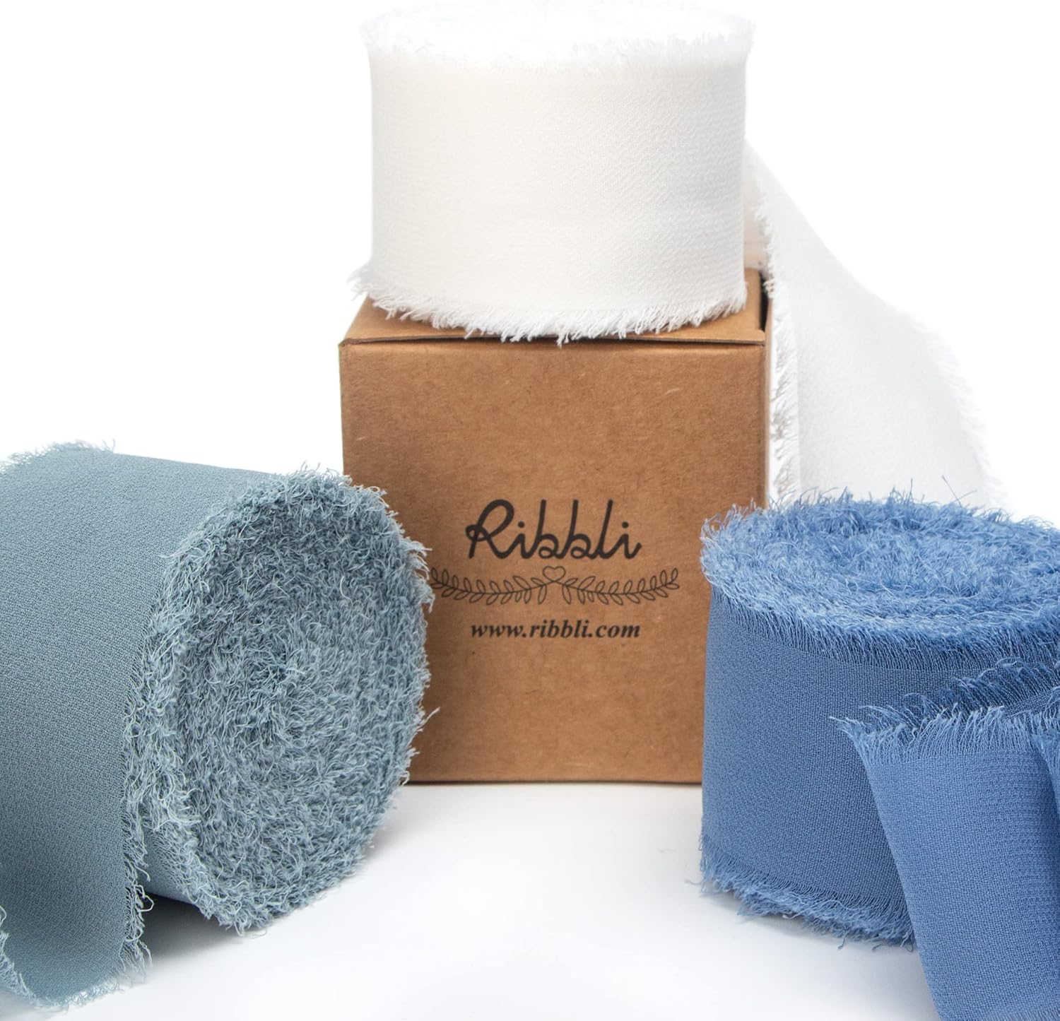 Ribbli Chiffon Silk Ribbon, 1.5 in x 30 Yards, White/Slate Blue/Dusty Blue Fringe, Wedding Invitations, Bridal Bouquets, Flower Arrangement - Crafty Corner