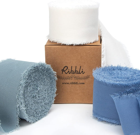 Ribbli Chiffon Silk Ribbon, 1.5 in x 30 Yards, White/Slate Blue/Dusty Blue Fringe, Wedding Invitations, Bridal Bouquets, Flower Arrangement - Crafty Corner