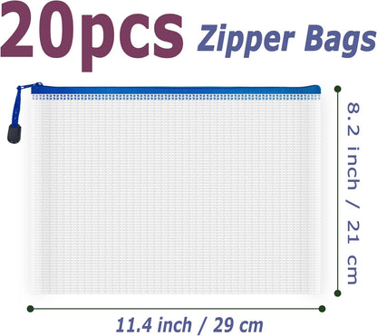 AUSTARK 20 Pcs Zipper File Bags, Plastic Mesh Pouch, Board Game Storage Bag, Waterproof Bags for Office School (B5 Size 11.4''x8.2'', White and Blue)