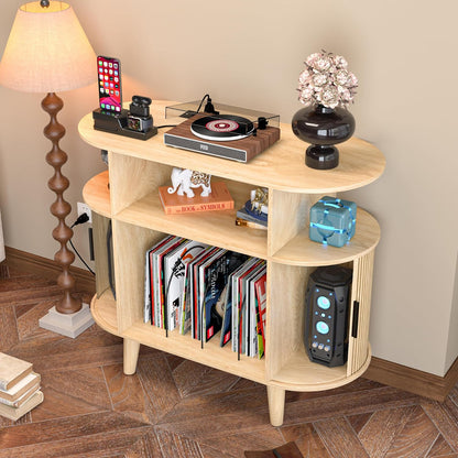 Large Round Record Player Stand with Charging Station & USB Ports，Record Storage Cabinet, Mid Century Modern Turntable Stand for Bedroom Living Room (Small Oak)
