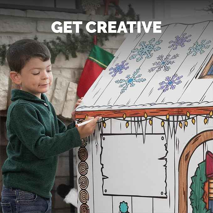 Bankers Box at Play Large Color in Winter Cottage Playhouse, Cardboard Playhouse and Life Size Craft Activity for Kids and Families