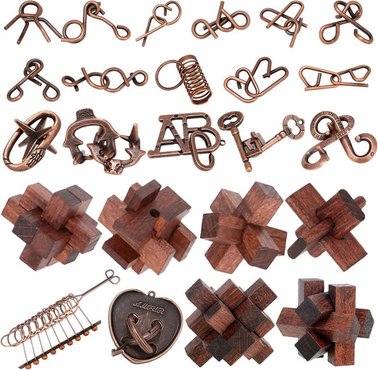 24 Pcs Brain Teaser Puzzles for Adults Teens - Metal Puzzles 3D Puzzle Game Toys for Adults Teens - Wooden Unlock Interlocking Puzzle Adult IQ Education Smart Toys
