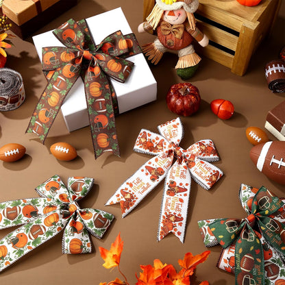 12 Rolls Fall Football Wired Edge Ribbon for Wreaths 2 Inch x 60 Yards Maple Leaves Pumpkin Football Print Ribbon Crafts for Thanksgiving Harvest Party Decorative Supplies, 12 Styles - Crafty Corner