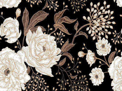 Wall Mural Peonies and Roses Floral Vintage Wallpaper Seamless Gold White Flowers Wall Coverings for Living Room Bedroom Kids Room（Not Peel and Stick）