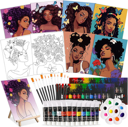 Cholemy 36 Pcs Paint and Sip Kit for Adults 8''x10'' Pre Drawn Canvas for Painting DIY Afro Acrylic Painting Kit Wood Easel Brushes Date Night Bulk for Christmas Party Gifts(Sunshine Lady) - Crafty Corner