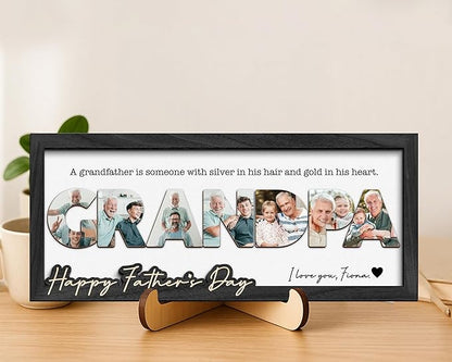 Photo Decorative Plaque Personalized Dad Gifts for Fathers Day from Daughter Son, Customized Wooden Picture Frame, Birthday Gifts for Daddy Grandma Papa, Family Memories Sign, Art Craft Home Decor