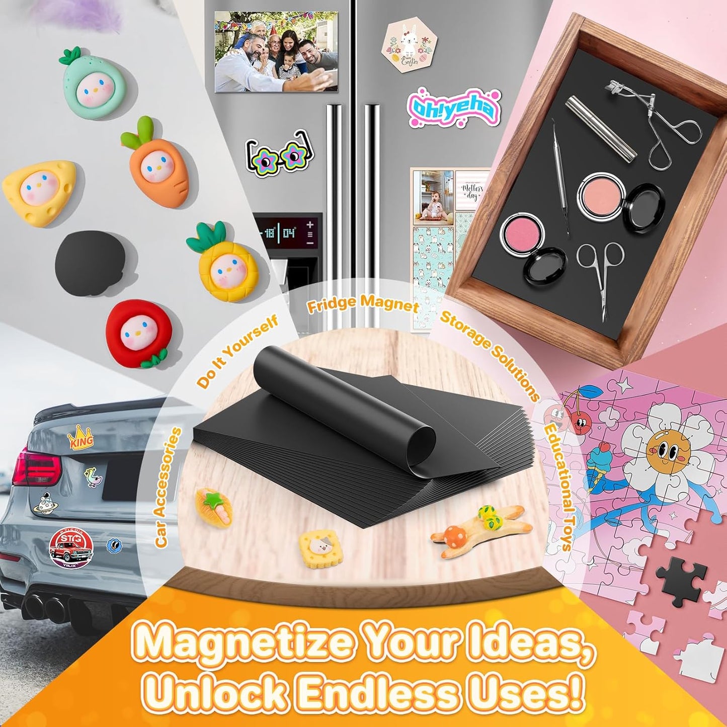 FINDMAG Magnetic Adhesive Sheets, 6 Pack Each 5" x 7" Flexible Magnet Strips with Self Adhesive Backing, Cut and Customize Sheets Magnet for Picture, Photo, Craft, DIY and Stickers