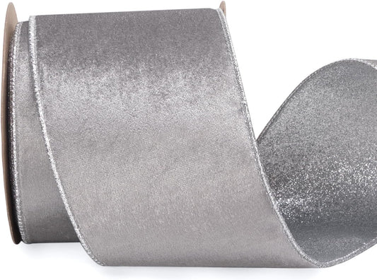Ribbli Velvet Wired Ribbon 4 Inch Silver Velvet with Silver Glitter Christmas Ribbon for Christmas Tree Decoration Big Bow Gift Wrapping Crafts Wreaths Supplies - 10 Yards - Crafty Corner