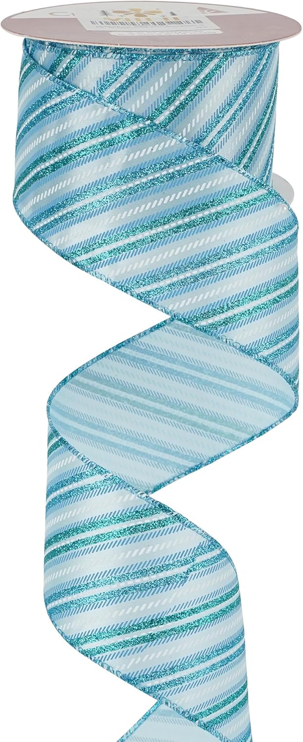 MEEDEE Blue Diagonal Stripe Ribbon 2.5 Inch Blue Satin with Turquoise and Teal Glitter Wired Ribbon for Wreath Bow, Topper Bow, Tree, Garlands (10 Yards) - Crafty Corner