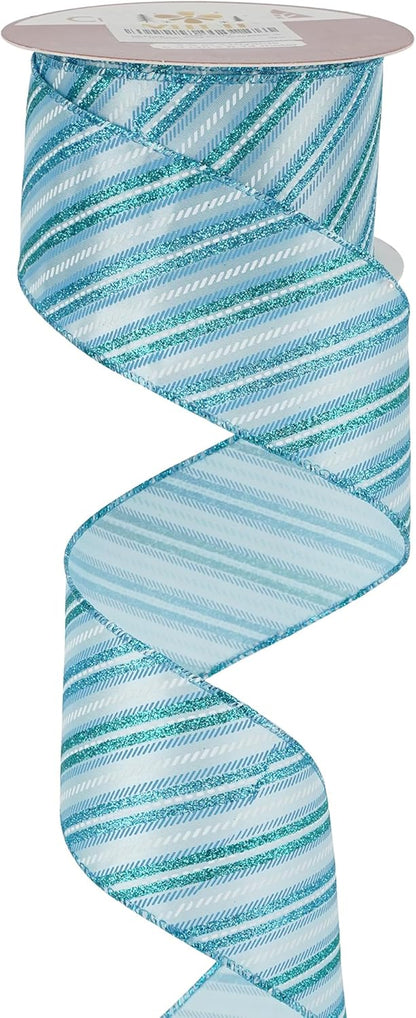 MEEDEE Blue Diagonal Stripe Ribbon 2.5 Inch Blue Satin with Turquoise and Teal Glitter Wired Ribbon for Wreath Bow, Topper Bow, Tree, Garlands (10 Yards) - Crafty Corner