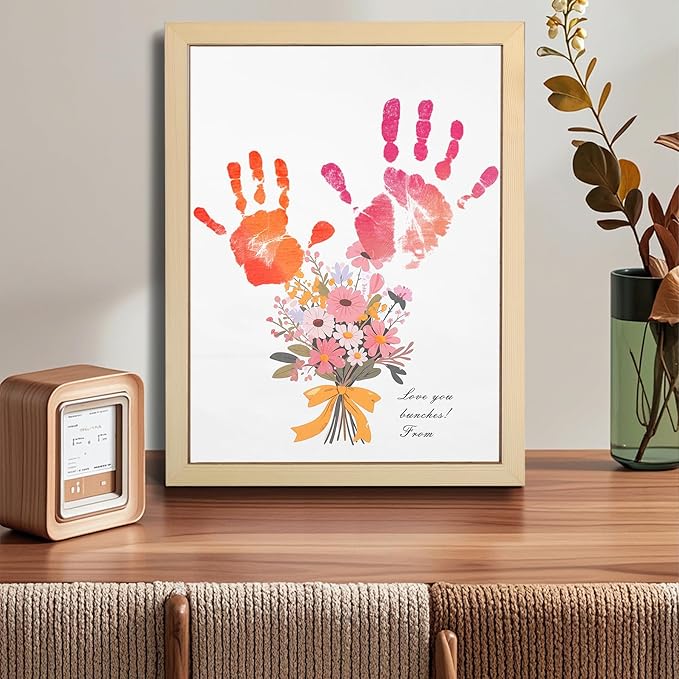 Bixinyo Flower Bouquet Handprint Kit, Mother's Day Gifts for Grandma, Mom, Grandparents from Daughter/Kids, Unique Gifts for Birthday Christmas, DIY Art Craft 12" X 16" Frame (Bow, Natural)