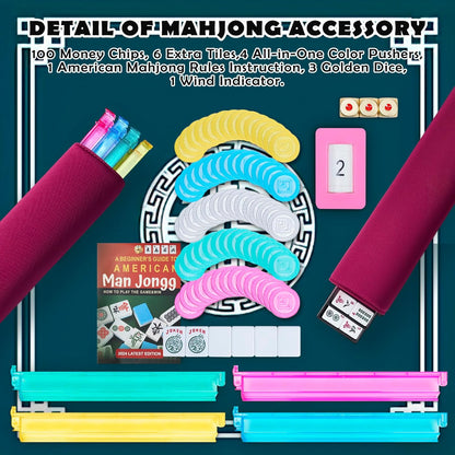 New American Mahjong Game Set, 166 Premium White Tiles with Portable Metal Dices, 4 All-in-One Racks with Pushers, Mah-Jong Games Sets, Ma Jong Tile Game (Red)