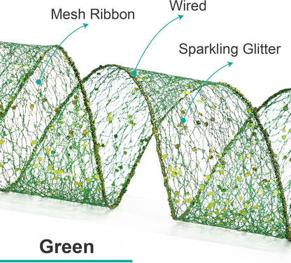 CT CRAFT LLC Sparkling Glitter Mesh Wired Ribbon 2.5" x 10 Yards Green for Christmas Home Decor Bow Gift Wrapping DIY Crafts Wreath - Crafty Corner