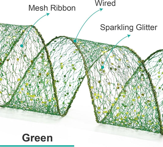 CT CRAFT LLC Sparkling Glitter Mesh Wired Ribbon 2.5" x 10 Yards Green for Christmas Home Decor Bow Gift Wrapping DIY Crafts Wreath - Crafty Corner