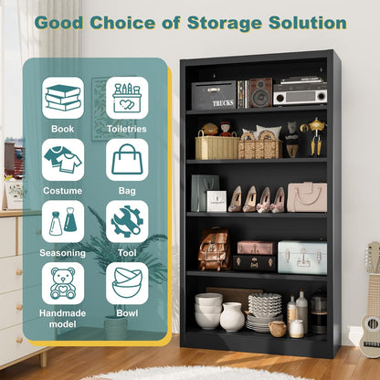 66"Heavy-Duty Steel Open Storage Cabinet with Adjustable Shelves, 6-Tier Shelving Unit, Easy Assembly Freestanding Organizer for Garage, Pantry,Office, Living Room (Black, 5 Tier-66"Hx 33"W x14"D)