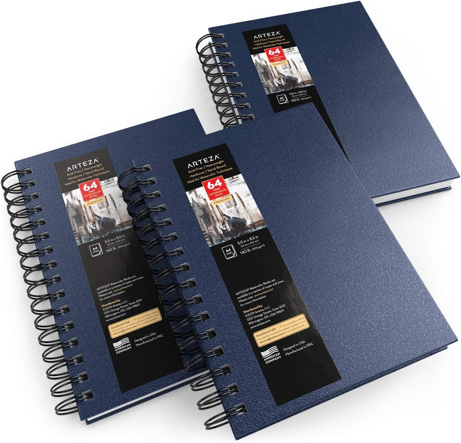 ARTEZA Watercolor Sketchbook Set,3-Pack,64 Pages per Book,5.5 x 8.5 Inches,Blue Hardcover Spiral Notebooks,140-Pound Premium Watercolor Paper for Artists - Crafty Corner
