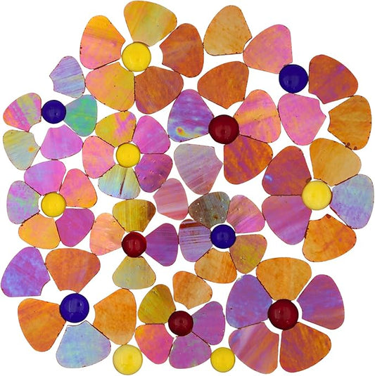 Yuvori Iridescent Flower Mosaic Tiles – 12pcs Mixed Sizes, 5-Petal Iridescent Mica Flowers with Center Beads for DIY Mosaic Art, Fairy Garden, Home Craft, Outdoor Decor (Iridescent Orange)