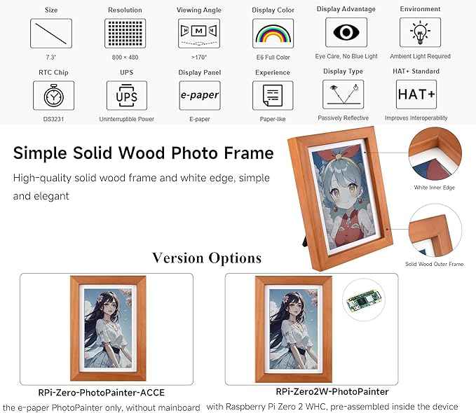 7.3inch E6 Full Color E-Paper with Solid Wood Photo Frame, 800×480 Resolution, Compatible with Raspberry Pi Zero, Ultra-Long Standby, Bundle with Pi Zero 2 WHC, with Batt.
