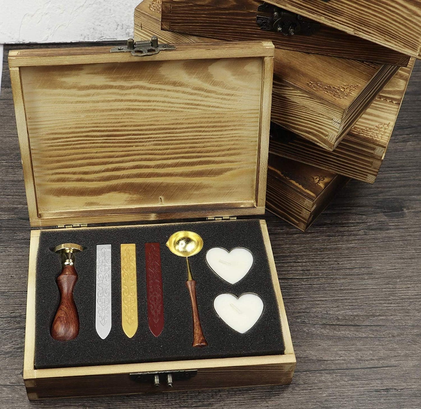 Vintage Santa Claus Monogram Wedding Wax Seal Stamp Kit Wooden Handle Melting Spoon Stick Wood Christmas Gift Box Set Invitation Gift Wrap Sealing Wax Seal Stamp Set