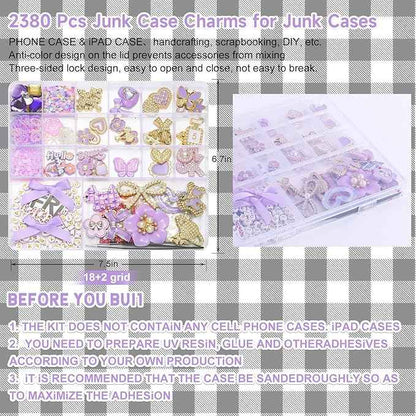 EIiovcnya 2380 Pcs Junk Case Charms Kit - DIY Phone Charms & Nail Art Accessories Includes 3D Flatback Big Decorations, Cute Bows & Letter Beads for Customizing Cases, Crafts, Valentine's Day Gifts