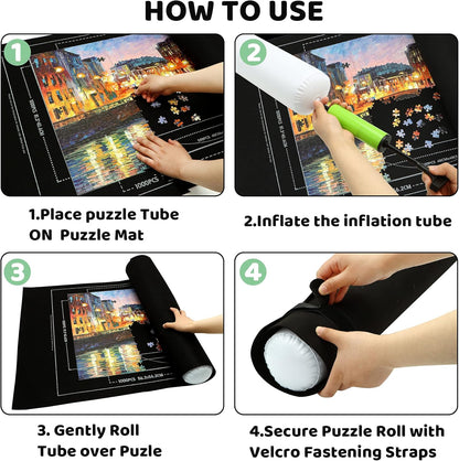 Portable Puzzle Mat Roll Up - with 9 Glue Sheets, Sorting Trays, Hand Pump, Inflatable Tube, and Storage Bag - Perfect for Kids and Adults (Black, 1500pcs)